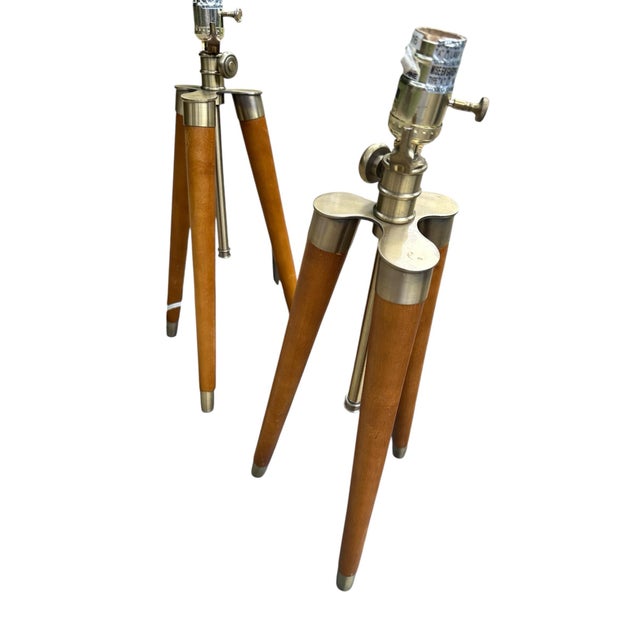 Pair Set of Two Wood MCM Tripod Lamp Gold Accents. Full working condition. Beautiful solid wood.