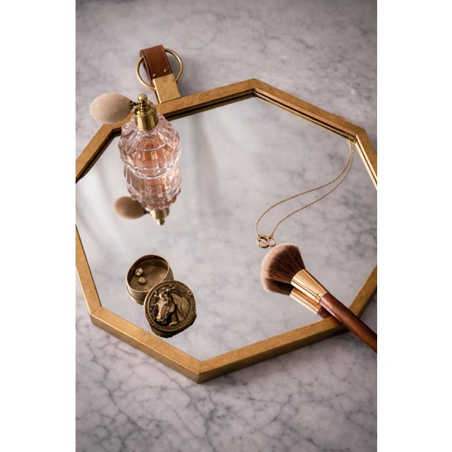 Transitional Octagonal Brass Wall Mirror With Leather Strap For Sale - Image 3 of 5