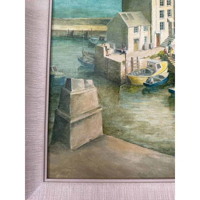 Beige 1980s Original Coastal Oil Painting of Polperro, Cornwall Harbor For Sale - Image 8 of 12