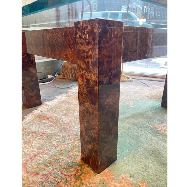 Vintage burl-wood veneer and glass Milo Baughman style coffee table. Body is in wonderful shape and the glass is amazingly...