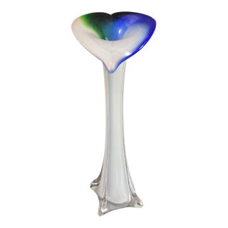 Vintage Hand Blown Art Glass Blue Green & White Jack-in-the-Pulpit Bud Vase 11'' For Sale