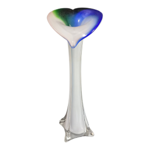 Vintage Hand Blown Art Glass Blue Green & White Jack-in-the-Pulpit Bud Vase 11''