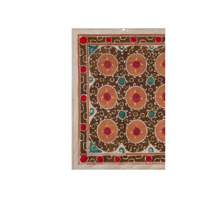Large Terracotta Brown Suzani | Uzbek Tribal Embroidery Textile Wall Art 7'5'' X 11'6'' For Sale - Image 4 of 14