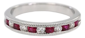 14k (585) Solid White Gold Natural Diamond and Ruby Half Band Ring, Size 6.5