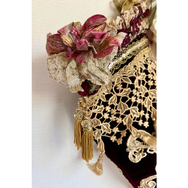 Victorian Style Burgundy Velvet Christmas Stocking With Cherub, Lace & Tassels For Sale - Image 11 of 14