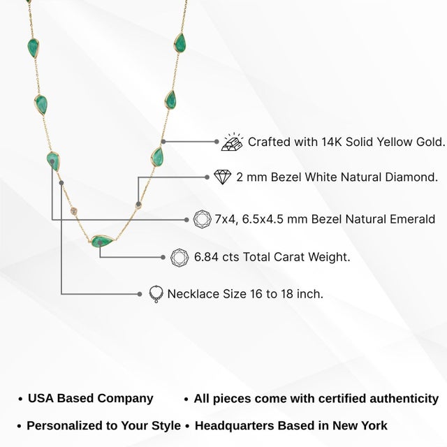 14k Yellow Gold 6.84ct Pear-Cut Natural Emerald Station Necklace With Diamonds For Sale - Image 13 of 18