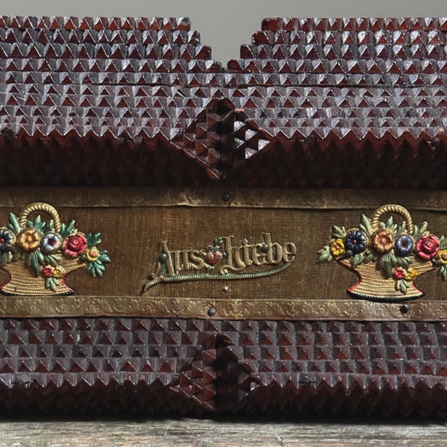 Wood Antique Hand Carved Tramp Art Box With “Aus Liebe” Inscription Folk Art For Sale - Image 7 of 11