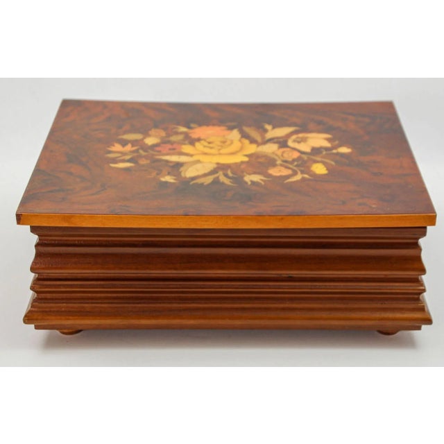 Jewelry Wooden Music Box Made in Italy With Flowers Inlaid Burl Wood Top For Sale - Image 4 of 12