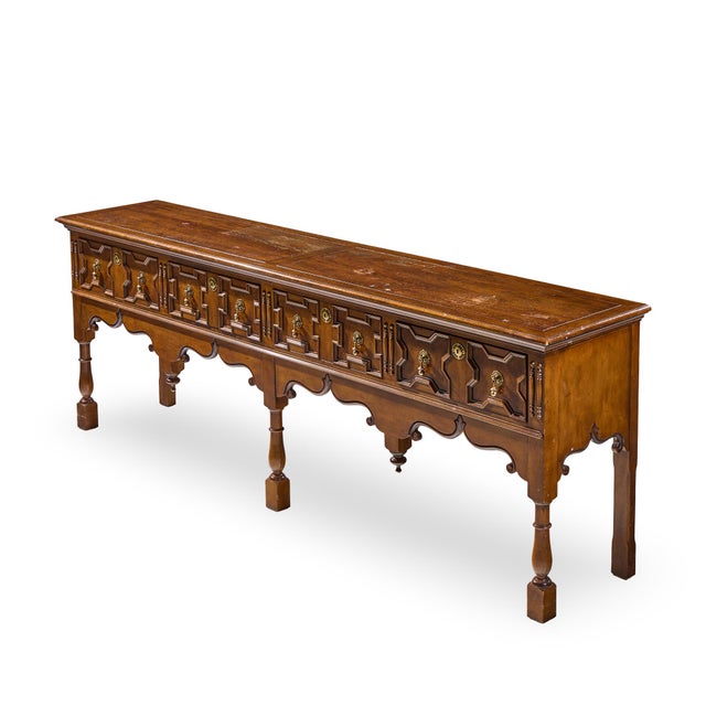 Wood Baker Furniture Jacobean Style Oak, Burlwood and Brass Console Table Credenza For Sale - Image 7 of 8
