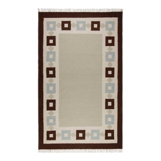 Part & Parcel Goods Wool Chain Rug 2’6” x 12', Celadon, Sky Blue, Chocolate and Eggshell For Sale