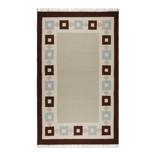 Part & Parcel Goods Wool Chain Rug 2’6” x 12', Celadon, Sky Blue, Chocolate and Eggshell For Sale