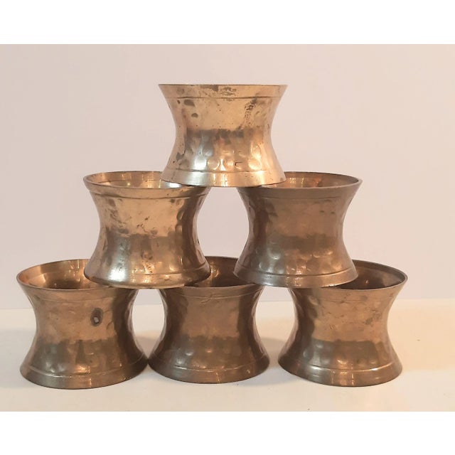 Traditional Hammered Brass Napkin Rings Set 6 For Sale - Image 3 of 3
