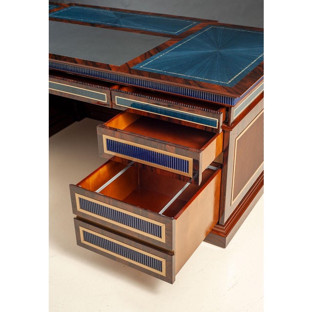 2020s Italian Walnut & Blue Onyx Executive Pedestal Desk With Leather Writing Surface For Sale - Image 5 of 6