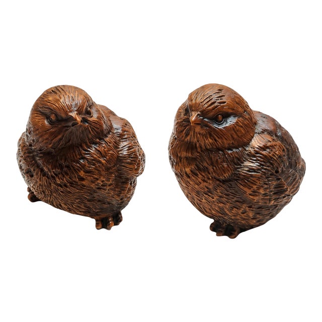 Pair of Hand-Carved East Asian Wooden Bird Sculptures, Wabi-Sabi Folk Art Object For Sale