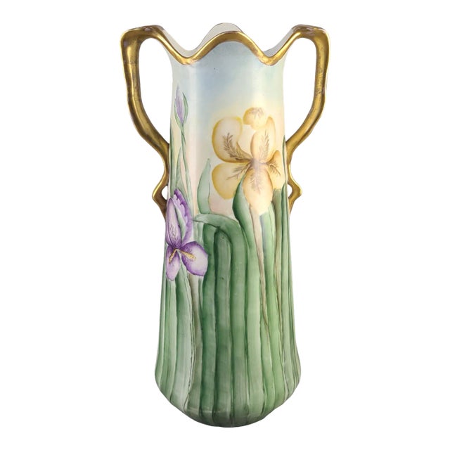 Early 20th Century Large Austrian Hand Painted Irises Gilded Two Handle Vase Signed For Sale