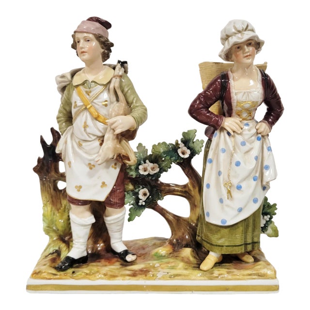 Antique German Hand Painted Volkstedt Porcelain Grouping Man & Woman For Sale