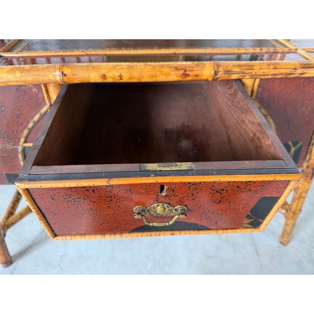 19th-Century English Aesthetic Movement Burnt Bamboo & Lacquer Writing Desk With Mirror For Sale - Image 13 of 17