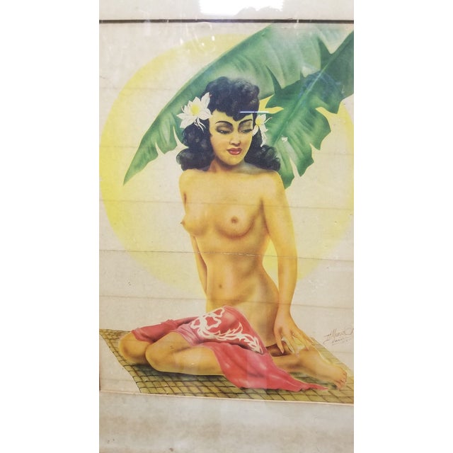 Hawaiian Airbrush Nude on Paper by Mundorff Honolulu in Bamboo Frame, 1945 For Sale - Image 4 of 7