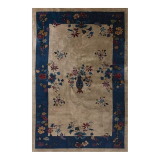 1920s Tan Sand Floral Vase Antique Chinese Art Deco Carpet 5' X 7'10" Woven Rug For Sale