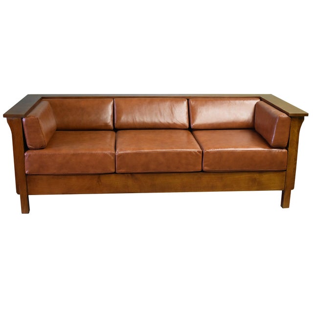 Arts and Crafts / Craftsman Cubic Panel Side Sofa - Russet Brown Leather For Sale In Chicago - Image 6 of 7