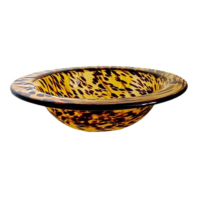 Vintage Italian Murano Style Amber Tortoise Shell Glass Large Serving Bowl / Centerpiece For Sale
