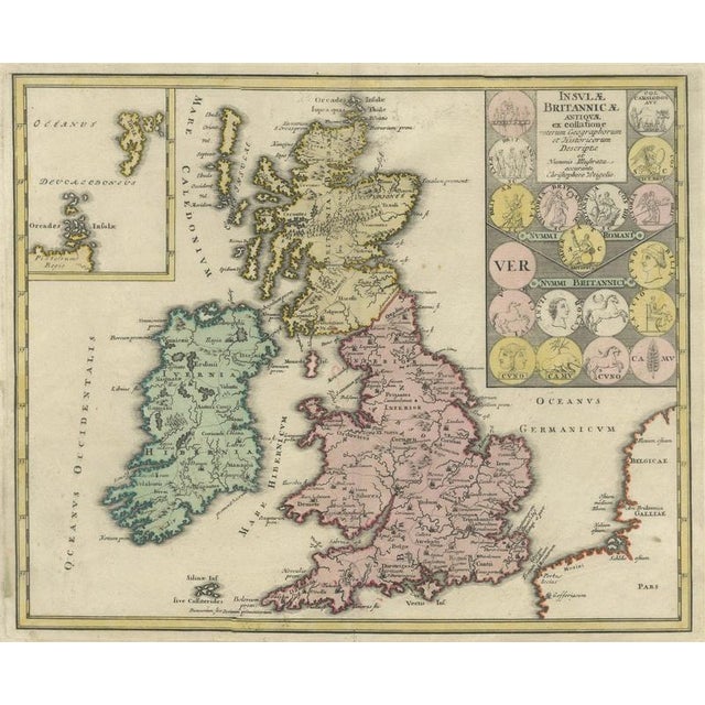 Baroque Britain and Ireland Map with Roman and British Coins, Weigel, 1718 For Sale - Image 3 of 11