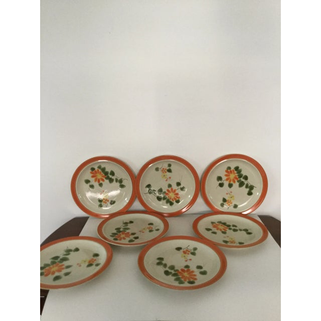 Boho Chic 1980s Casual Classic Stoneware Hand Painted Peach Blossoms Plates- Set of 7 For Sale - Image 3 of 5