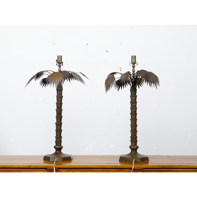 Early 20th Century Pair of French 1920s Bronze Palm Tree Table Lamps on Octagonal Bases, USA Wired For Sale - Image 5 of 11