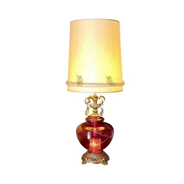 Hollywood Regency 1970s Hollywood Regency Cut Ruby Glass & Crystal Prism Globe Table Lamp Light Up Base For Sale - Image 3 of 12