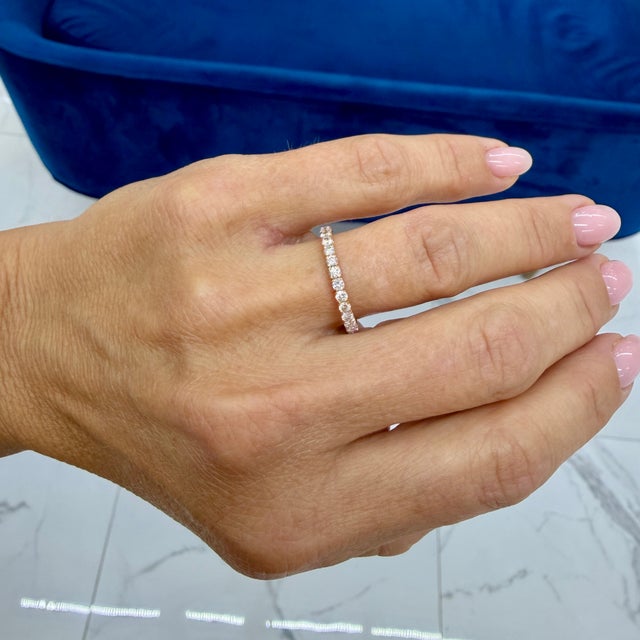 Rose Ladies 18k Rose Gold 1.02ctw Round Diamond Full Eternity Wedding Band Ring For Sale - Image 8 of 8