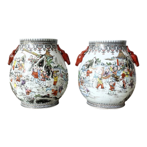 Antique Republic Period Qianlong Nian Zhi-Style 100 Boys Porcelain Deer Handle Vases- Set of 2