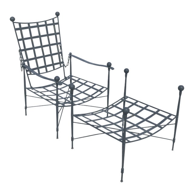 Mario Papperzini for Salterini Italian Wrought Iron Reclining Arm Chair and Ottoman, Attributed For Sale