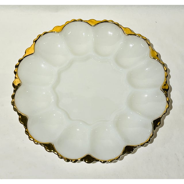 Vintage Anchor Hocking Fire King Milk White Deviled Egg Plate with Gold