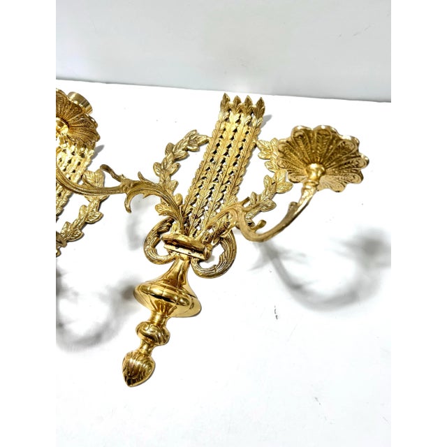 Vintage French Louis XVI Style Brass Wall Sconces – Pair For Sale In Louisville - Image 6 of 12