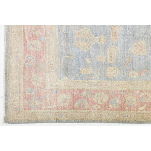 Modern Oushak Style Area Rug – Hand-Knotted Wool – Muted Blue, Soft Peach & Sand For Sale - Image 9 of 11