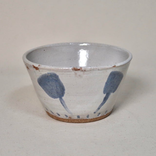 Ceramic Handmade Flared Studio Pottery Bowl With Blue Botanical Brushstroke Pattern & Milky White Glaze For Sale - Image 7 of 13