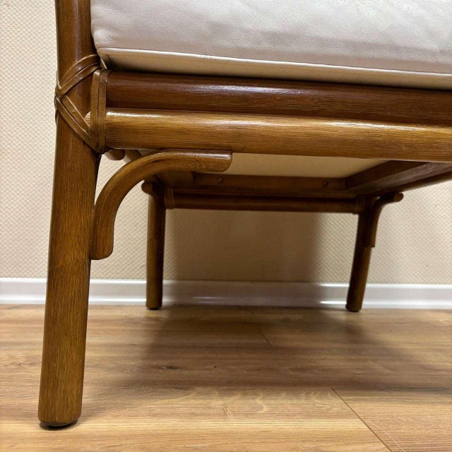 Armchairs in Rattan & White Leather by Hans Kaufeld for Mc Guire, Set of 3 For Sale - Image 9 of 18