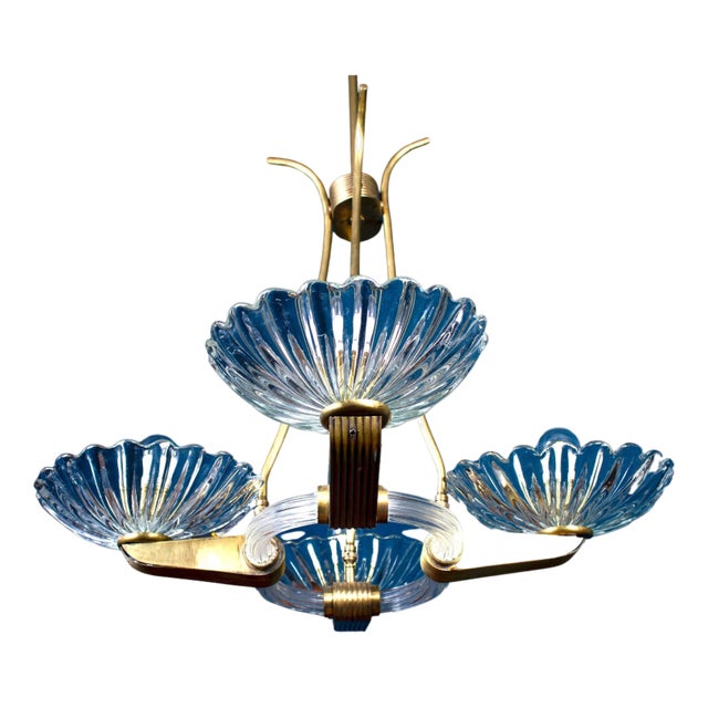 Art Deco Brass Mounted Murano Glass Chandelier attributed to Barovier, 1940s For Sale