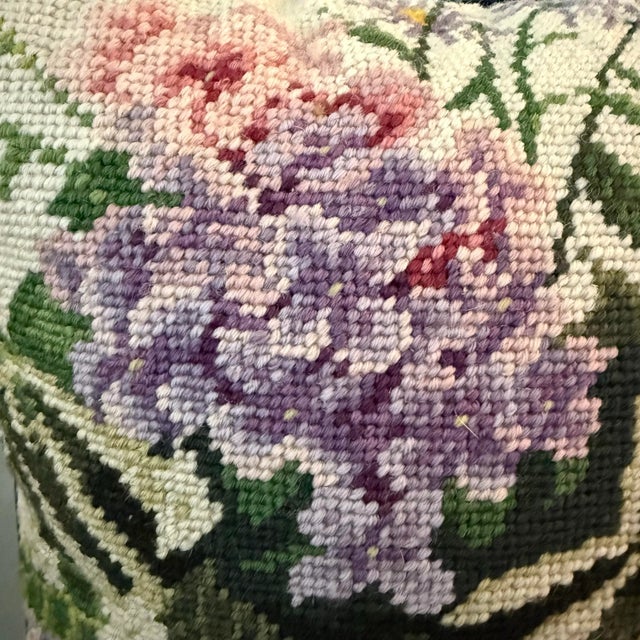 Vintage Hydrangea Blossoms Floral Needlepoint Accent Pillow For Sale - Image 4 of 6