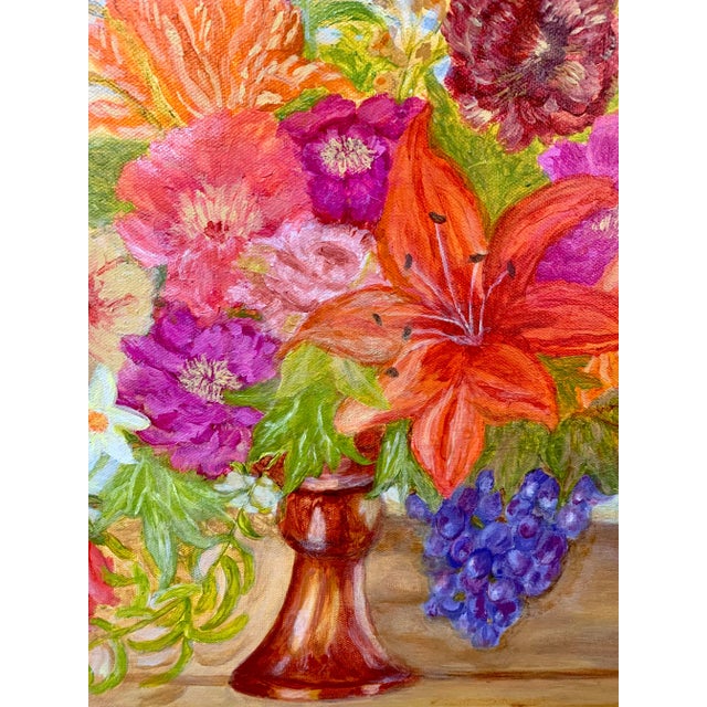 Lush floral still life in strong brushstrokes of rich, jewel tones. Acrylic on canvas.