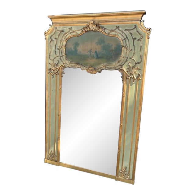 19th Century, French, Louis XVI Painted Green and Gilt Trumeau Mirror For Sale