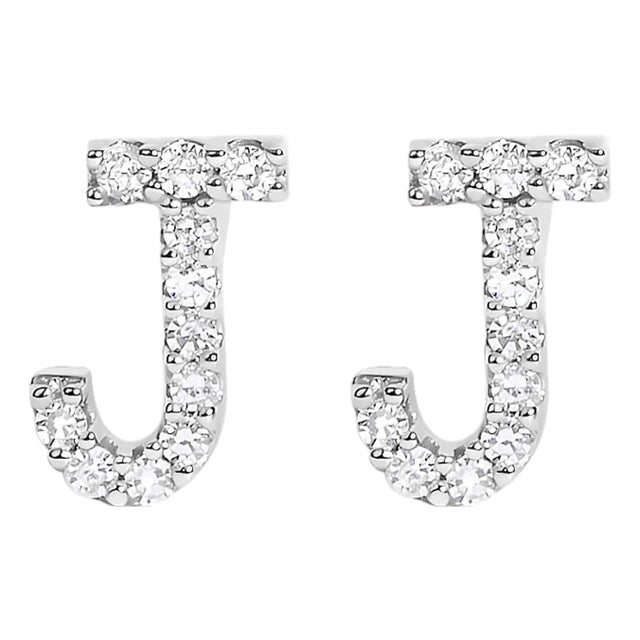 10K White Gold 1/10 Cttw Diamond 'J' Initial Stud Earring For Sale