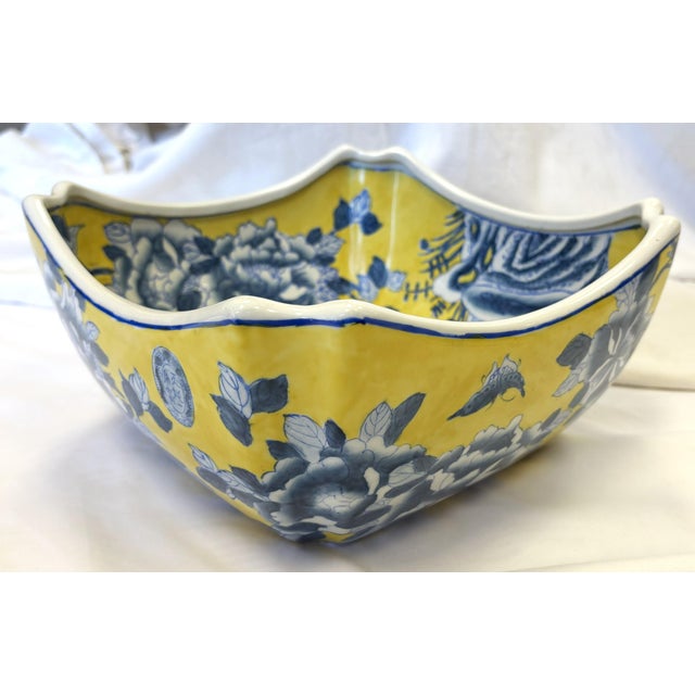 Vintage Chinoiserie Style Blue and Yellow Ceramic Handkerchief Bowl For Sale - Image 4 of 12