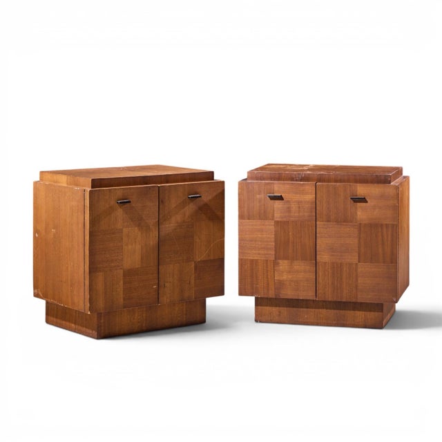 Lane Brutalist Mid Century Walnut Nightstands - Pair Each nightstand measures: 26 wide x 17 deep x 25 inches high Fair...