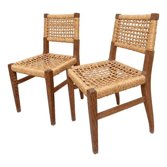 Mid-Century French Woven Abaca and Oak Side Chairs attributed to Adrien Audoux & Frida Minet, 1950s, Set of 2 For Sale