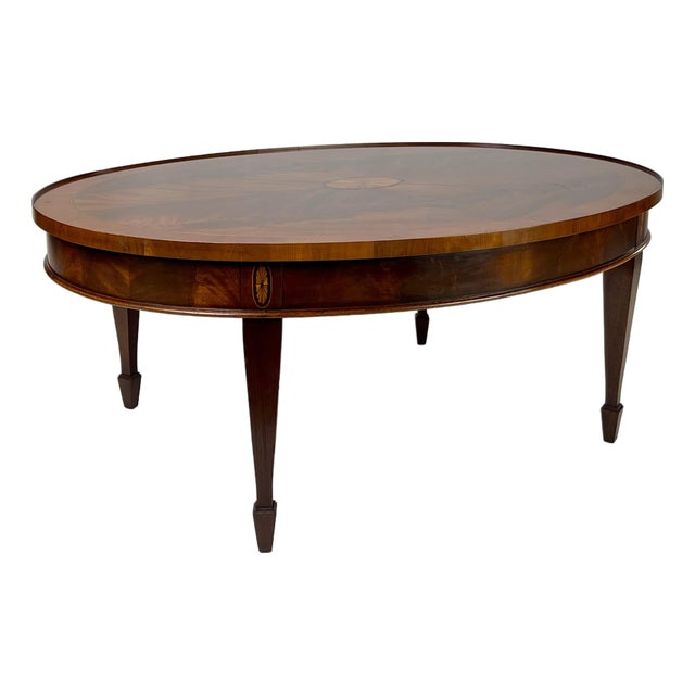 Late 20th Century Hekman Grand Rapids Inlaid Crotch Mahogany Oval Coffee Table For Sale