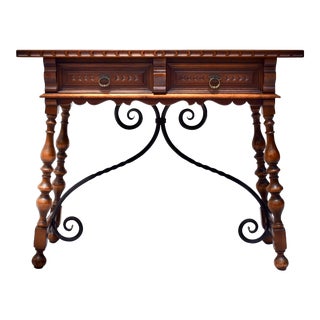 Spanish Baroque Style Carved Walnut & Forged Iron Console Table For Sale