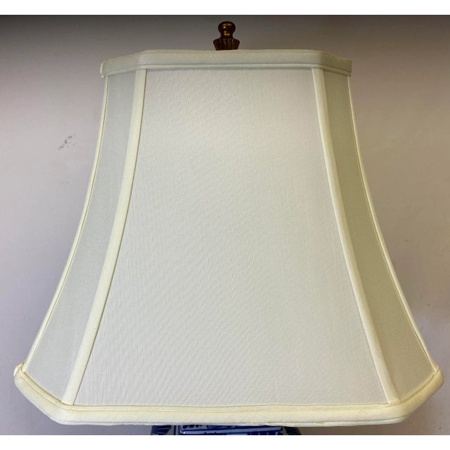 Square Porcelain Ginger Jar Table Lamp Decorated With Festive Blue and White Chinese Fans on a Wooden Base With Cream Colored Lamp Shade For Sale - Image 11 of 12