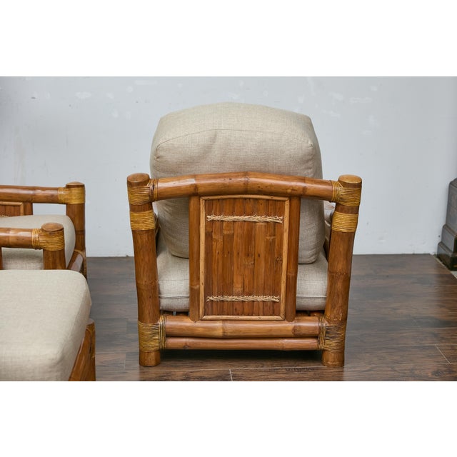 Midcentury Bamboo Lounge Chairs with Ottoman, Rattan Accents, and Linen Fabric For Sale - Image 11 of 12