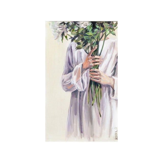About the painting: this artwork captures a serene and intimate moment, focusing on a figure holding a large bouquet of...